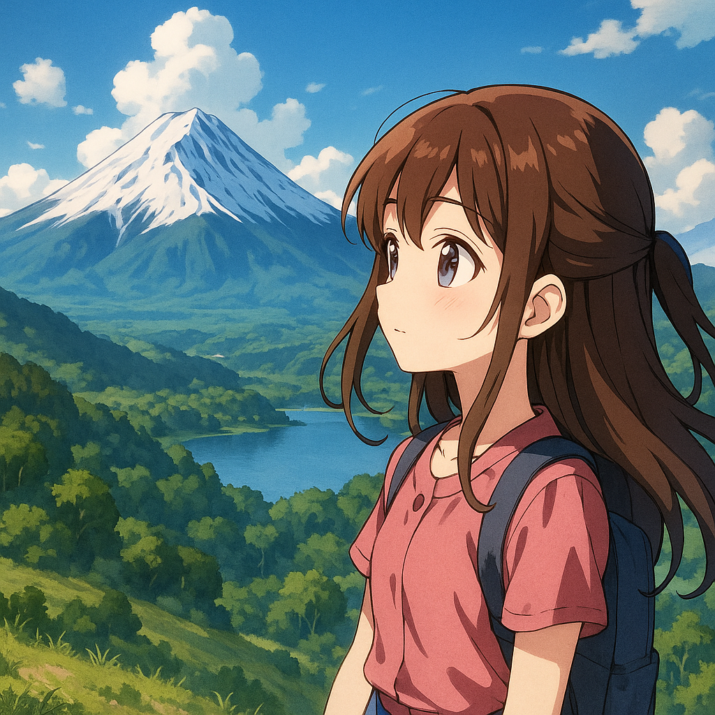 cute anime girl in front of a mountain